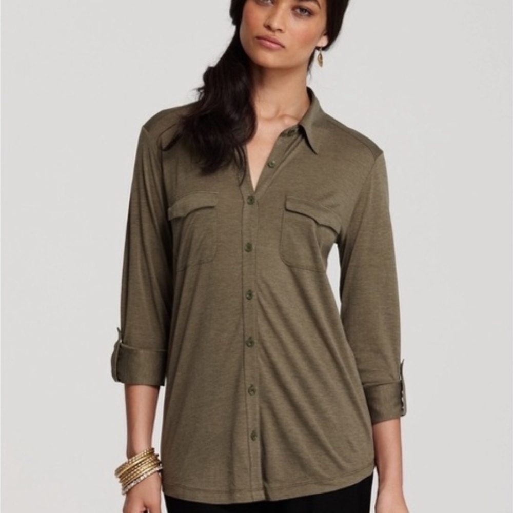 Eileen Fisher Olive Green Long Sleeves Silk Button Down Top
